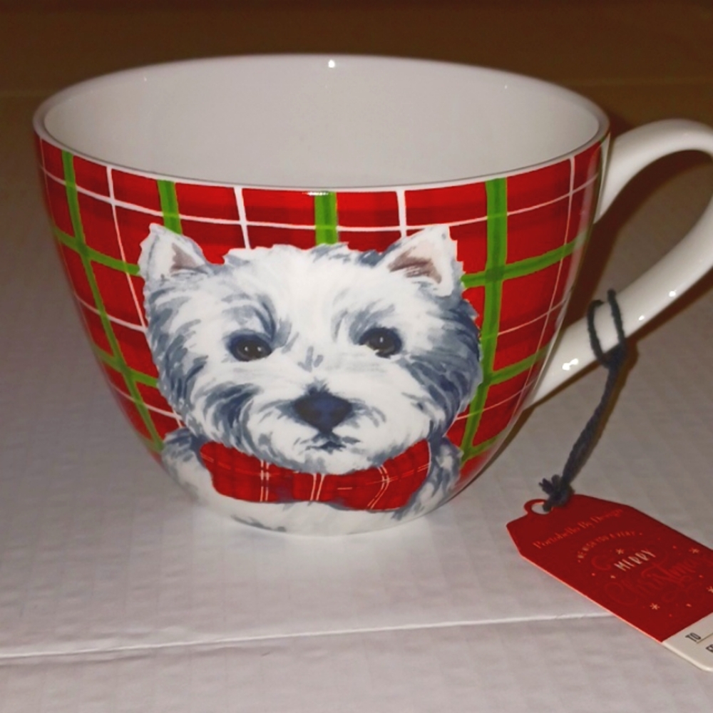 Bone China Westie tartan dog coffee tea cup mug. Designed in England